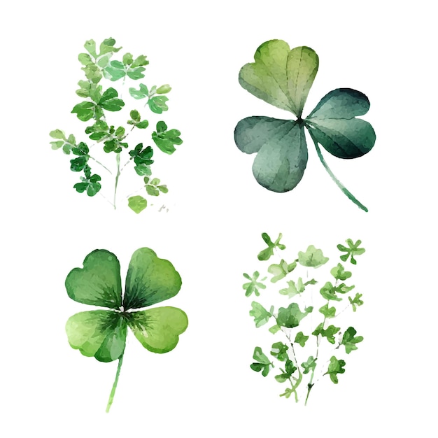 Klaverblaadjes set quarterfoil en klaverblad aquarel vector illustratie patricks day design element