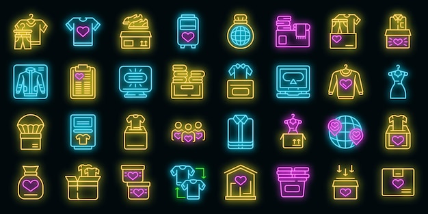 Kleding donatie pictogrammen instellen vector neon