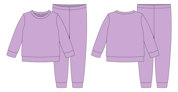 Kleding pyjama technische schets meisjes katoen sweatshirt en broek Childrens overzicht nachtkleding ontwerpsjabloon Lila kleur Voor- en achterkant CAD fashion design vectorillustratie weergeven