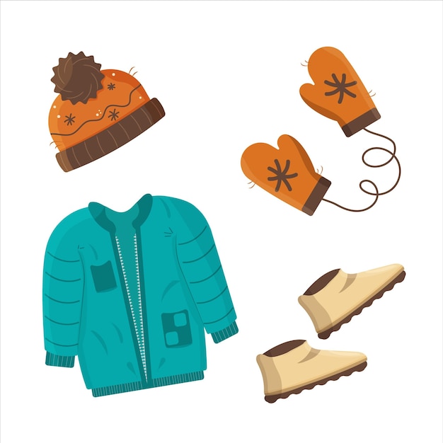 Kleding set winter en herfst Jas oranje wanten pet biege bijgesneden laarzen Vector illustratie