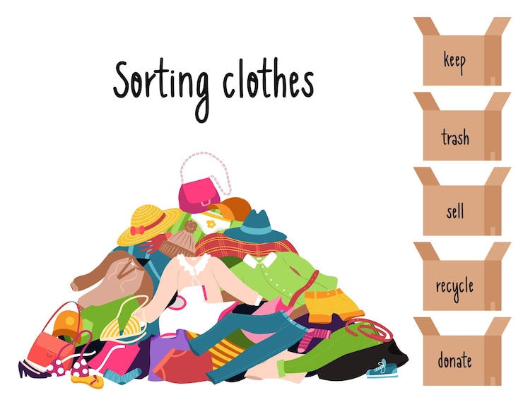 Vector kleding sorteren een stapel kleren die willekeurig op de vloer liggen dozen met inscripties doneren verkopen houden afval recyclen kleur vectorillustratie van geïsoleerd op een witte achtergrond