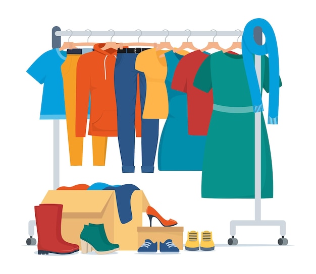 Kleding voor donatie diverse kleding op een hanger en in dozen schoenen goedkoop en gratis seizoensgebonden kledingstuk tweedehands winkel rommelmarkt goederen doneren van kleding aan liefdadigheid concept vectorillustratie