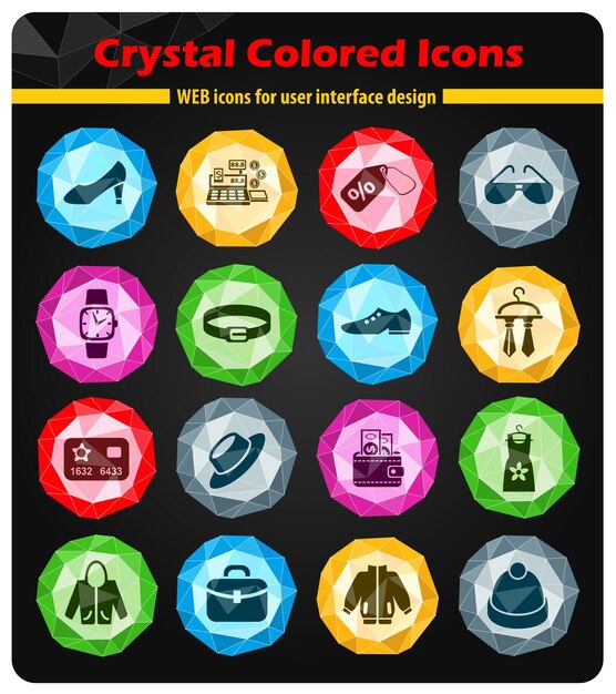 Kledingwinkelpictogrammen op felgekleurde knopkristallen