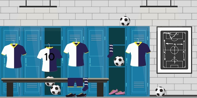 kleedkamer voetbal lockers voetbal kleren en ballen interieur vector illustratie