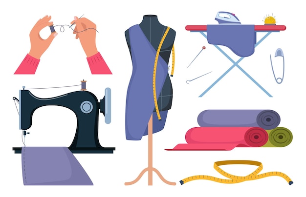 Kleermakerij accessoires benodigdheden en apparatuur voor het naaien van doeken kledingvervaardiging collectie met draadrollen