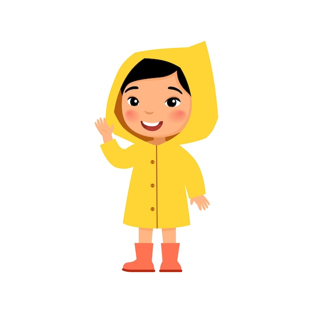 Klein aziatisch meisje in een gele regenjas