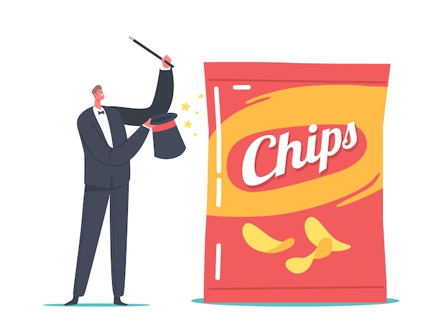 Klein goochelaarkarakter met toverstok die marketingtrucs presenteert met enorm chipspakket, artiest toont nepproductverpakking met minder snack erin dan in het gebruikelijke pakket. cartoon vectorillustratie