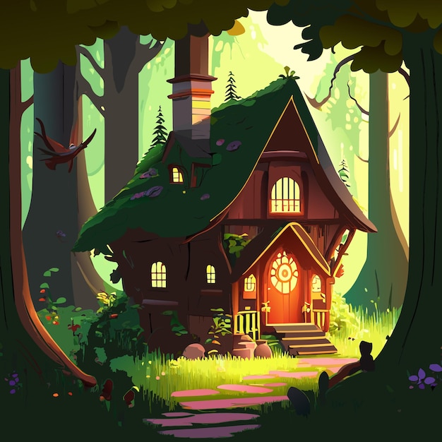 Klein houten huis in een sprookjesbos