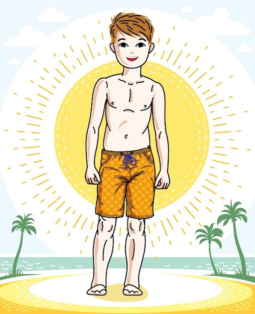 Klein jongens schattig kind dat zich in kleurrijke stijlvolle strandshorts bevindt. Vector menselijke illustratie. Illustraties van de levensstijl van kinderen.