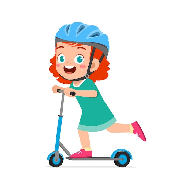 Klein kind rijdt op een scooter en draagt een helm