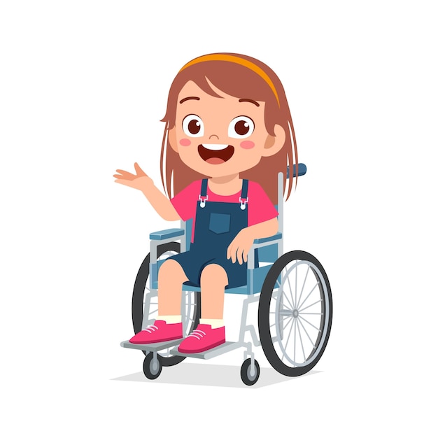 Klein kind zit in een rolstoel en voelt zich gelukkig