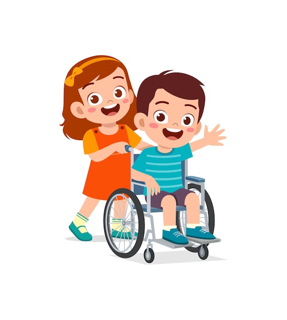 Klein kind zit op rolstoel met vriend en voelt zich gelukkig