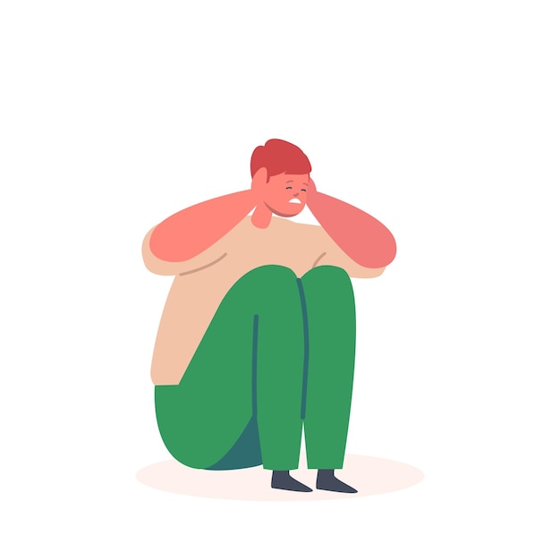 Klein kindkarakter zittend op de oren van de vloerbedekking met handen. Gezinsproblemen, huiselijk geweld, pestconcept. Depressieve angstige jongen geïsoleerd op een witte achtergrond. Cartoon mensen vectorillustratie