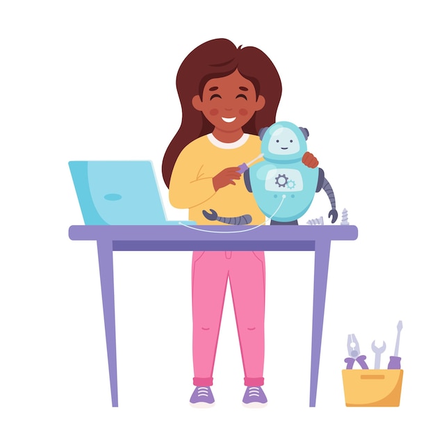 Klein meisje bouwt een robot Robotica-programmering en engineering voor kinderen