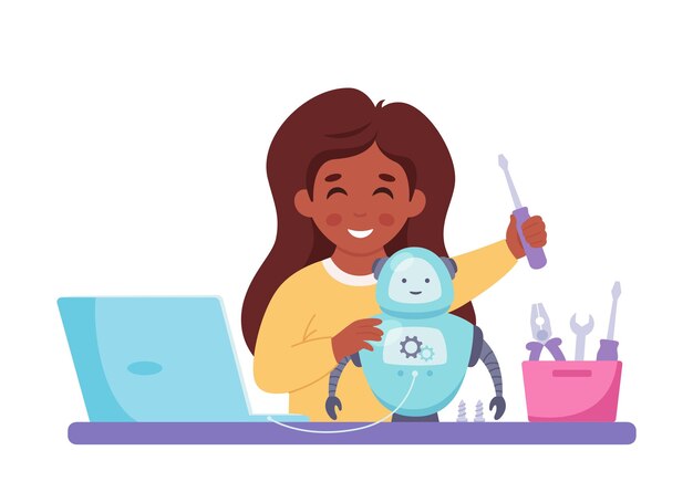 Klein meisje bouwt een robot Robotica-programmering en engineering voor kinderen