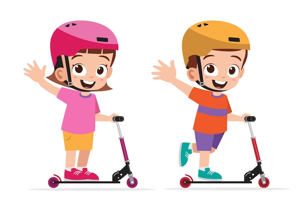 Klein meisje en jongen spelen otoped scooter samen vectorillustratie