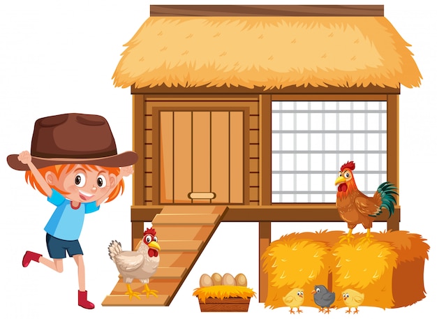 Klein meisje en kippen op de boerderij