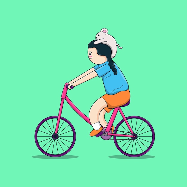 Klein meisje fietst met huisdier op haar hoofd