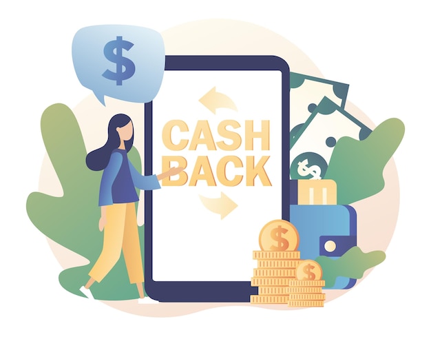 Klein meisje geeft geld terug in app cashback-concept beloningsprogramma geld overmaken online bankieren
