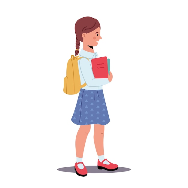 Klein meisje in rok gaat naar school Leerlingkarakter in uniform en schooltas