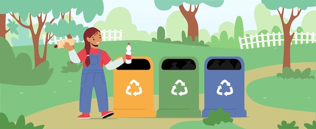 Klein meisje karakter gooien Prullenbak in afvalbak containers met Recycling teken in Park. Ecologiebescherming, probleem met aardevervuiling, Eco Activist Plastic Reuse-oplossing. Cartoon vectorillustratie