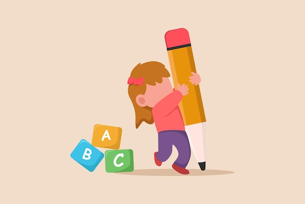 Vector klein meisje leren schrijven abc brieven kleuterschool activiteit concept platte vectorillustratie geïsoleerd