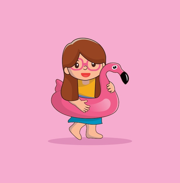 Klein meisje met een flamingo float Vector Illustration