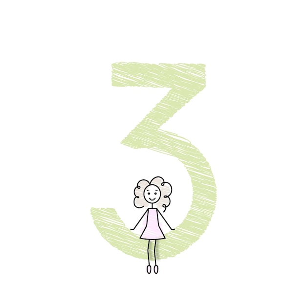Klein meisje met grote groene nummer drie eenvoudige doodle vectorillustratie