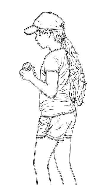 Klein meisje met ijs in haar hand met lang haar met een pet op haar hoofd in een t-shirt en korte broek doodle lineaire cartoon