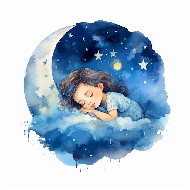 Klein meisje slaapt op de wolk aquarelverf