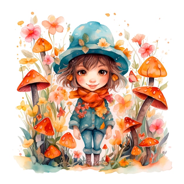 Klein meisje tussen bloemen en paddenstoelen aquarelverf