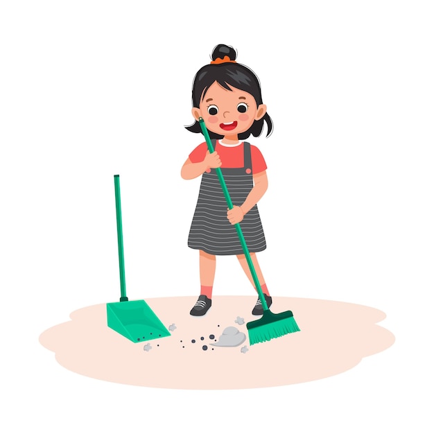 klein meisje veegt de vloer met bezem en schep in de woonkamer en doet dagelijkse huishoudelijke klusjes