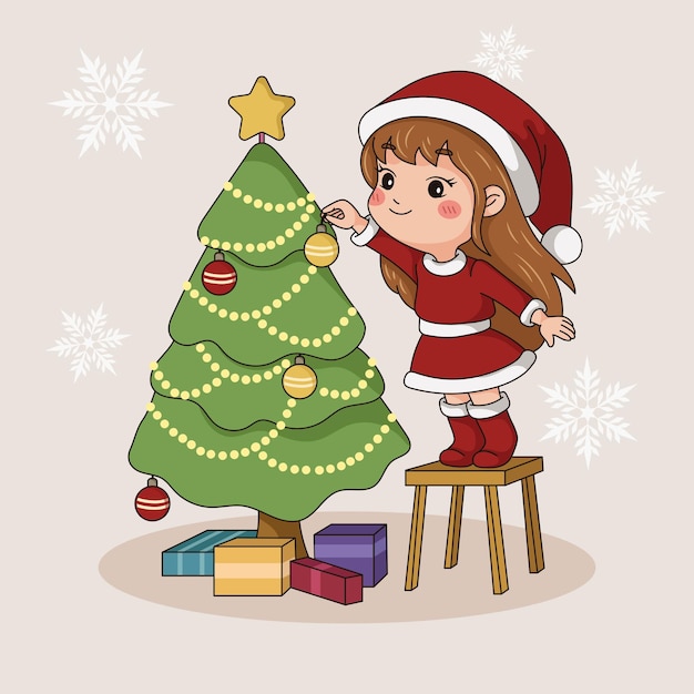 Vector klein meisje versiert kerstboom met cadeauster en lamp