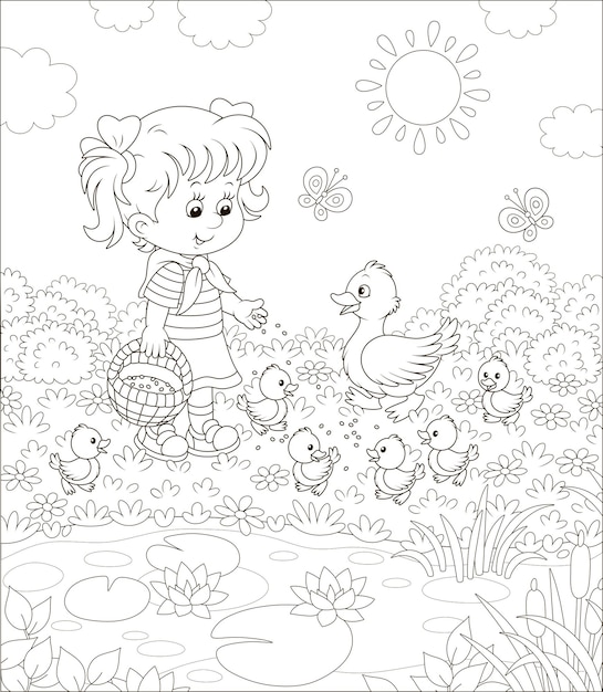Klein meisje voedt een eend en kleine eendjes tussen bloemen bij een vijver met waterlelies