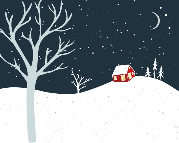 Klein rood huis en vallende sneeuw. winterkaartontwerp met bomensilhouetten.