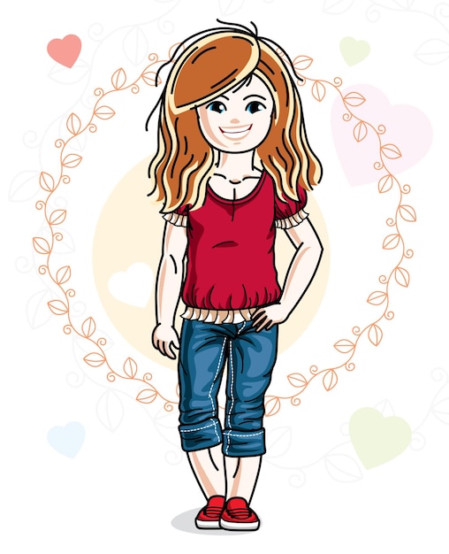 Vector klein roodharige schattig kind in het dragen van verschillende casual kleding en staande op een kleurrijke achtergrond met harten. vectorillustratie van leuk meisje.