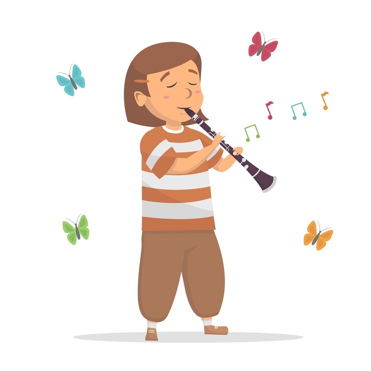 Vector klein schattig meisje klarinet met melodietoon illustratie spelen