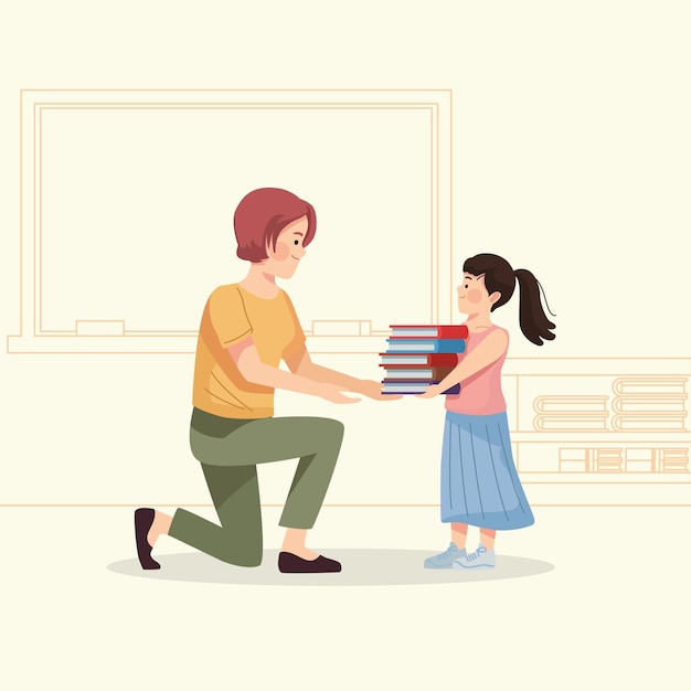 Klein schoolmeisje met leraar
