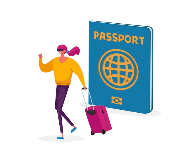 Vector klein toeristenvrouwenkarakter met koffer bij groot paspoort dat in het buitenland reist