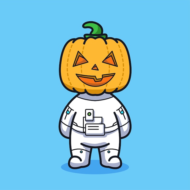 Kleine astronaut met pompoenhoofd voor halloween in schattige lijnkunstillustratiestijl