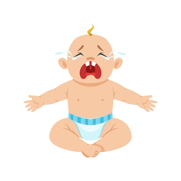 Kleine babyjongen zittend in luier hesterisch huilen met ogen vol tranen deel redenen baby ongelukkig Cartoon afbeelding collectie