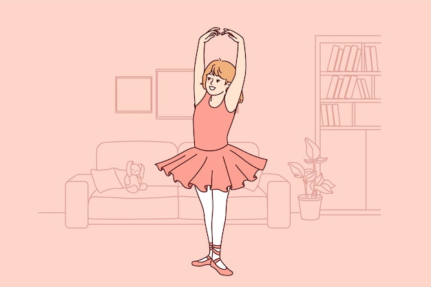 Kleine ballerina droomt van ballet en oefent dansen gekleed in jurk en pointe schoenen