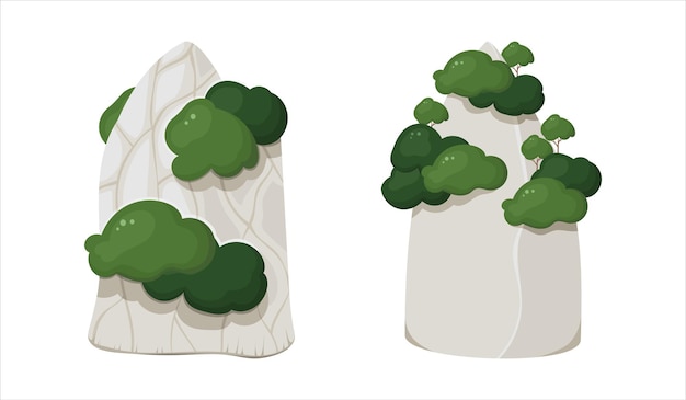 Kleine bergen met groene bomen Grijze rotsen Natuur Flat design Set Collection Icons Stickers Card