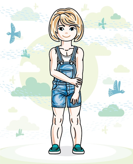 Kleine blonde schattige meisje peuter in casual kleding staan op de natuur achtergrond met vogels en wolken. Vector illustratie van mooi kind.