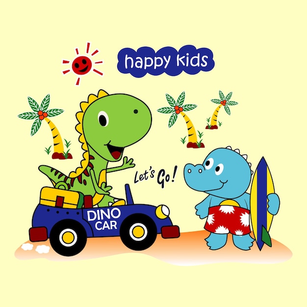 kleine dinosaurus rijden auto ontwerp cartoon vectorillustratie om af te drukken