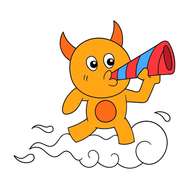 Kleine duivel vliegt boven de wolken en blaast op de trompet doodle icon afbeelding kawaii