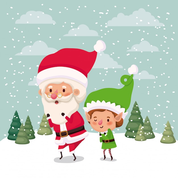 kleine elf en santa claus karakters in snowscape vector illustratie