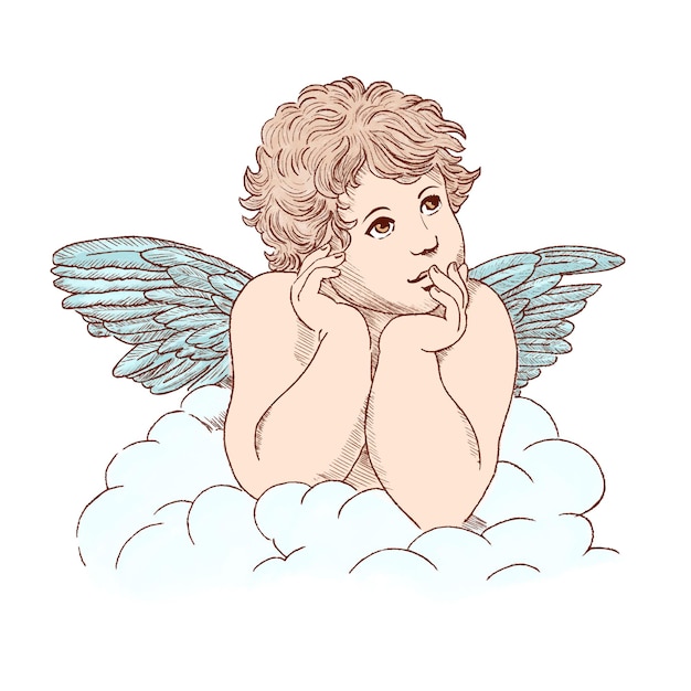Vector kleine engel cupido vector, bidden, denken of verdrietig engel.
