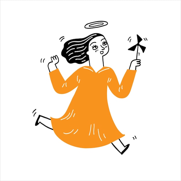 Kleine engel meisje rennen en spelen, vector illustratie hand getrokken