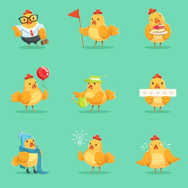 Kleine gele kip Chick verschillende emoties en situaties serie schattige Emoji illustraties